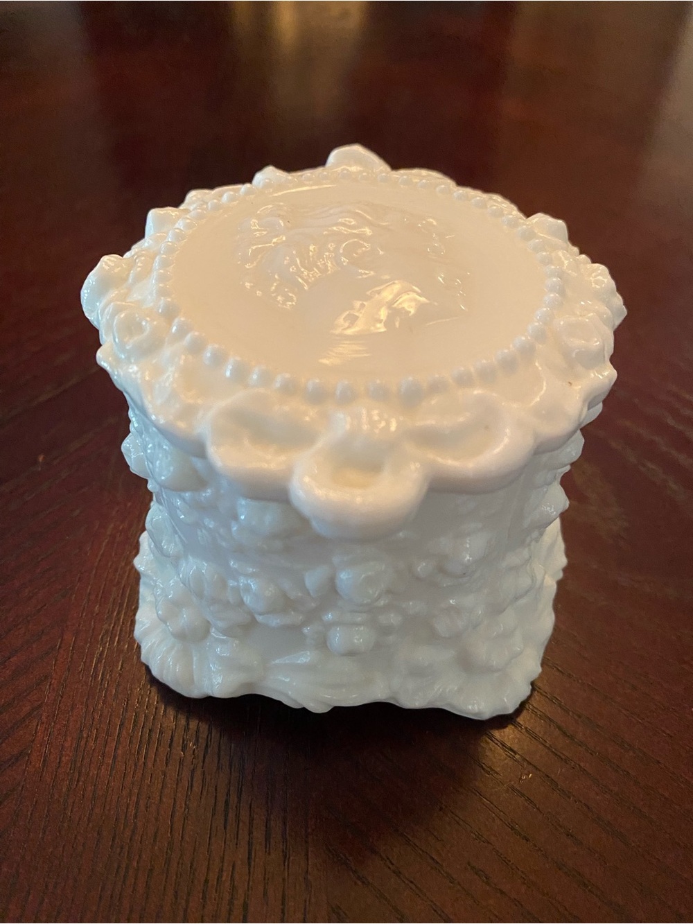 Fostoria Jenny Lind Decorative Milk Glass Trinket Jar with Cameo